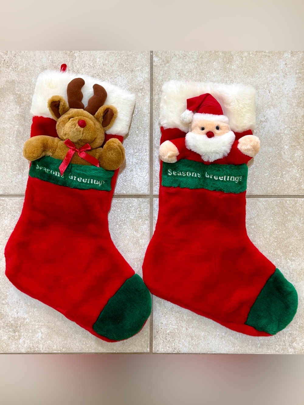 3D Pair Vtg. Plush Christmas Stockings Santa Reindeer Seasons Greetings